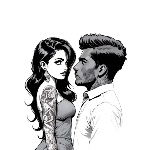 comic book girl thinking of love and guy thinking of money  tattoo design idea