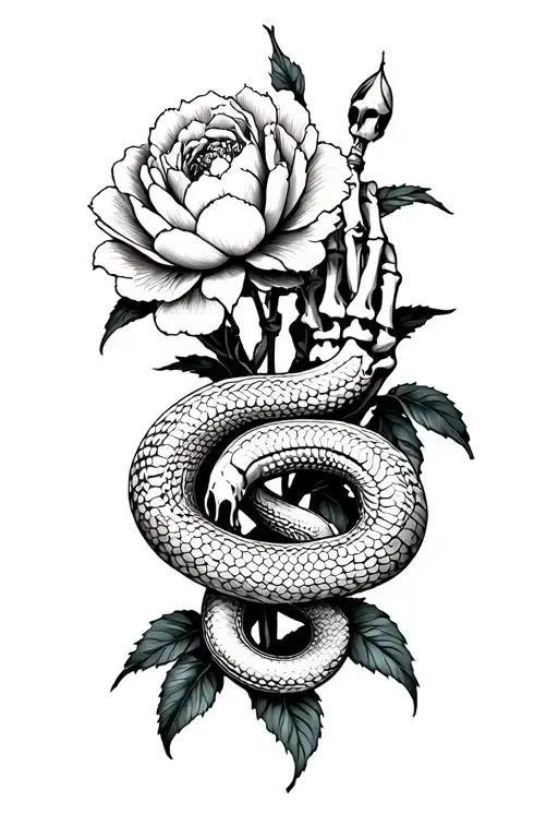 skeleton hand, snake, peony tattoo design idea
