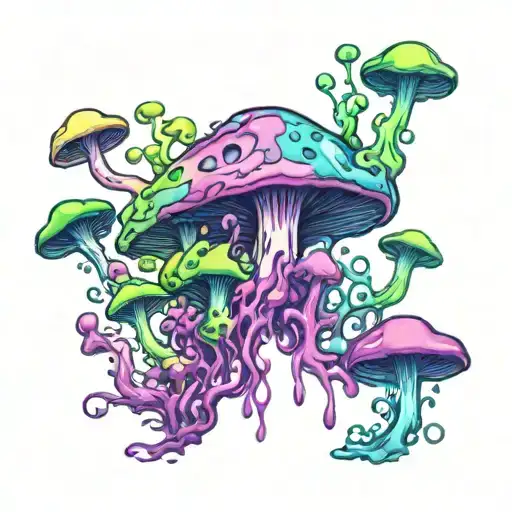 Rotting Toxic Mushrooms Melting downwards, psychedelic, trippy, gaseous, bubbling, purple green black blue pink. tattoo design idea
