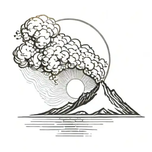 single island volcano eruption , sun shining, wind , bord tattoo design idea