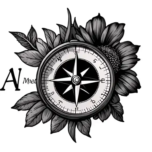 a compass with the name Amelia and a dasiy flower  tattoo design idea