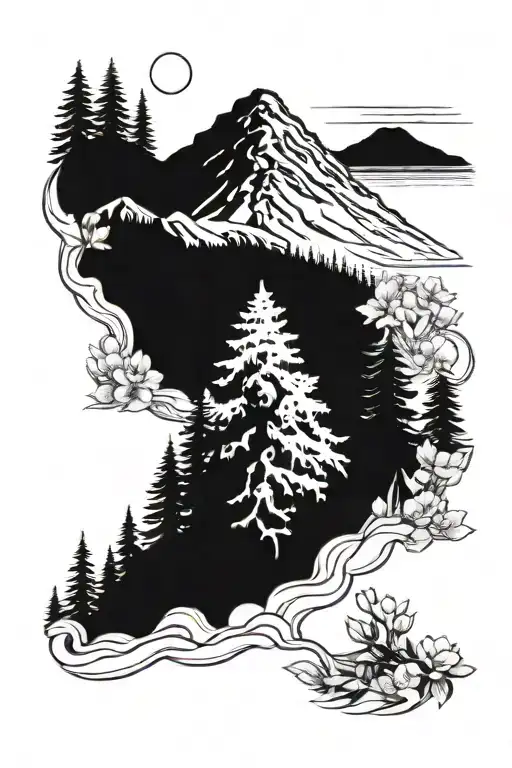 mt rainier on top with pine tree forrest on bottom with cherry blossom trees and cacti tattoo design idea