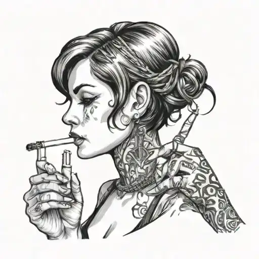 A girl with short black hair and tattoos smokes a cigarette with one hand and holds a girl by the chain in the other tattoo design idea