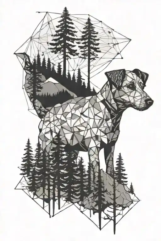 mountains with forests and jack russell terrier silhouette  tattoo design idea