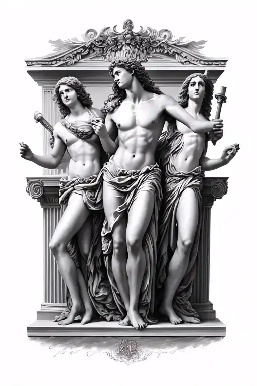 Greek gods, Aphrodite, Zeus, Poseidon, Hermes, dancing women, thrones and pillars tattoo design idea