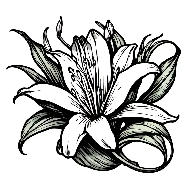 lily bud with tail old school black and white tattoo design idea
