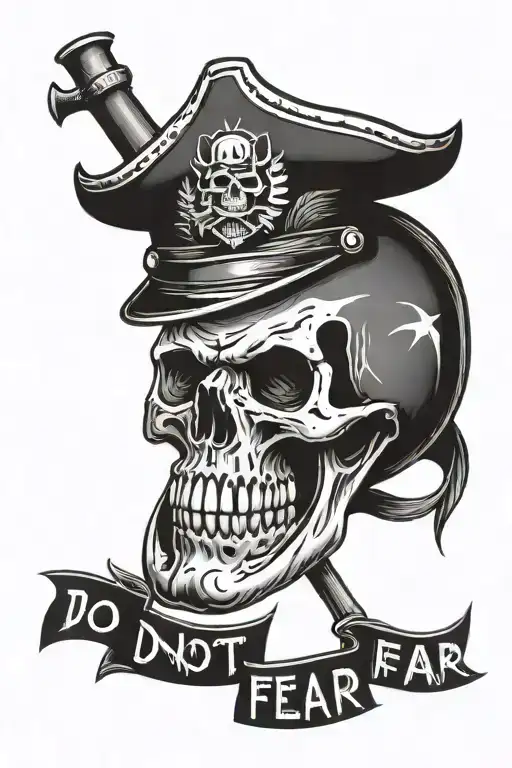 a skull in a helmet, with a grenade and dynamite, with the inscription at the top "do not fear death" and at the bottom "fear shame and dishonor". tattoo design idea