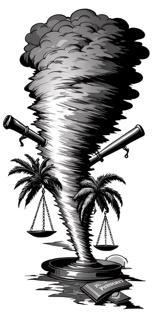 tornado sucking up scales of justice, baseball bat, passport, and palm tree. Add storm clouds around the tornado. tattoo design idea