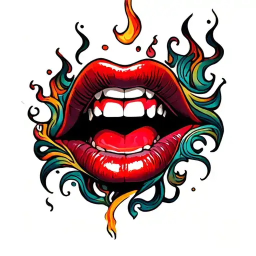 mouth w red lips and teeth biting stem psychedelic tattoo on fire tattoo design idea