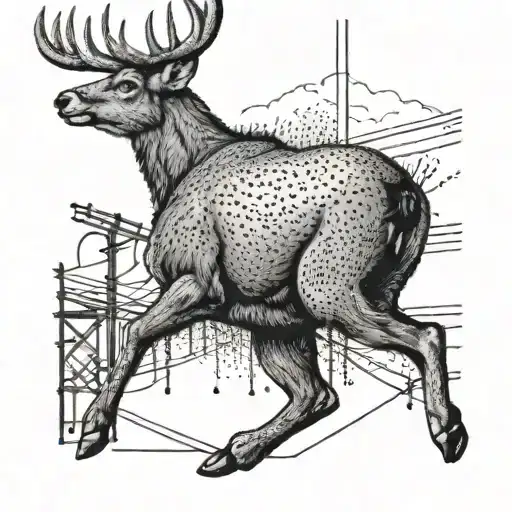 A dotwork tattoo of a deer leaping over power lines, symbolizing the client's dual interests in hunting and being a lineman tattoo design idea
