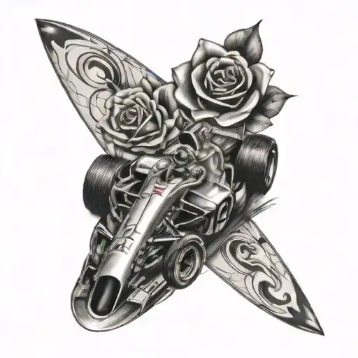 formula 1 bolid and rose tattoo design idea