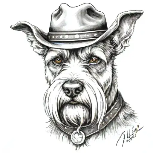 salt and pepper schnauzer with cowboy hat and brown eyes and a collar looking with western pistol tattoo design idea