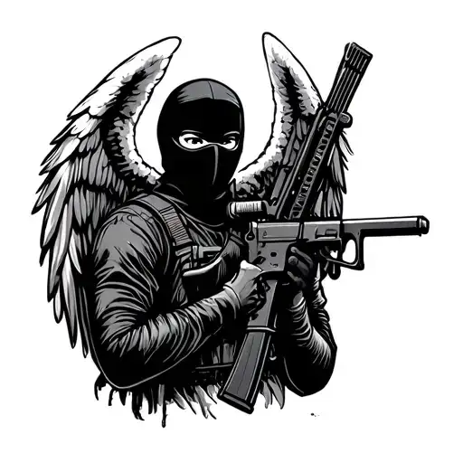 Make a black and white outline of an angel in a black ski mask holding and AK-47 assault rifle tattoo design idea
