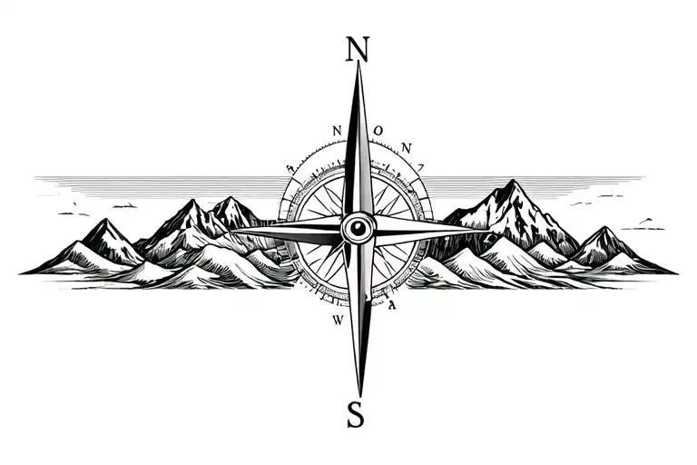 large compass with long north point surrounded by intricate geometric moutains and waves. grayscale.  tattoo design idea