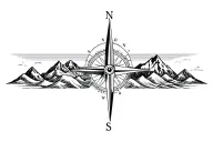 large compass with long north point surrounded by intricate geometric moutains and waves. grayscale.  tattoo design idea