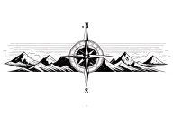 large compass with long north point surrounded by intricate geometric moutains and waves. grayscale.  tattoo design idea