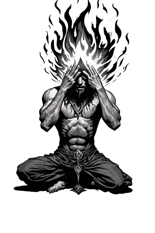 elden ring vyke on his knees hands clasping his head the frenzied flame buring outwards from his eyes tattoo design idea