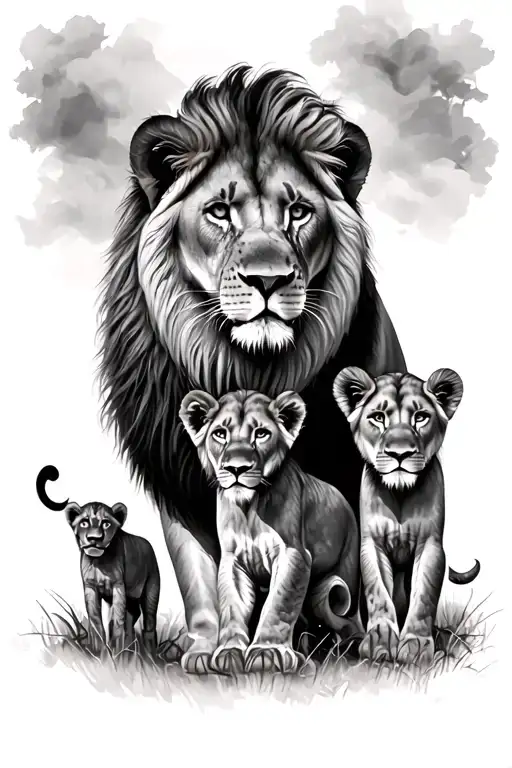 1 lion, 1 lioness and 3 cubs tattoo design idea