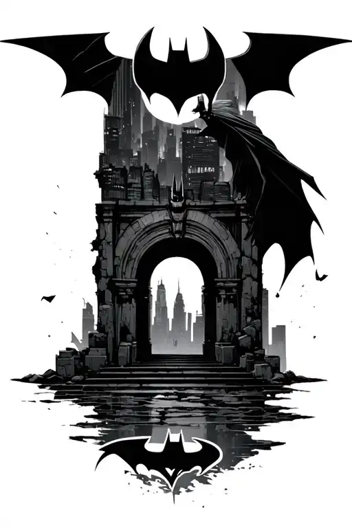 Batman batcave entrance with symbol on it and the gotham city skyline above tattoo design idea