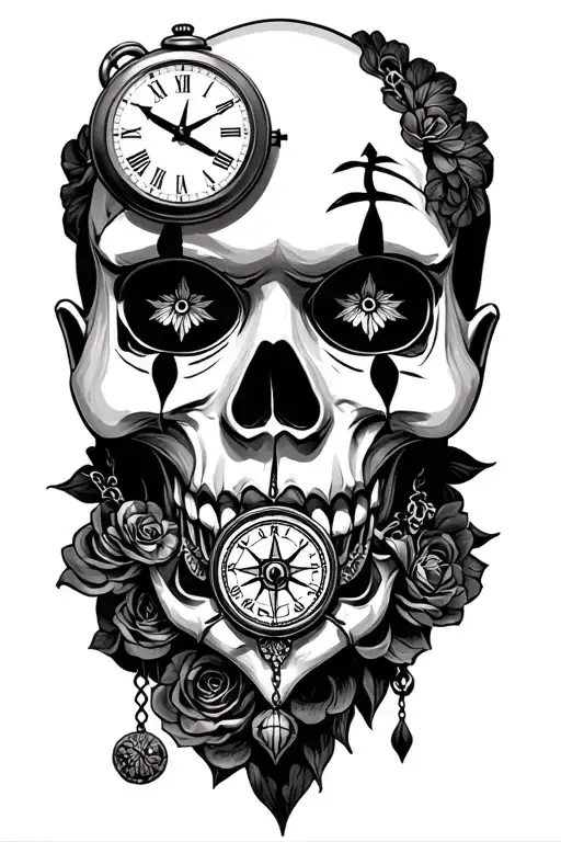 Lilien,. Compass, pocket watch. Clown mask, skull tattoo design idea