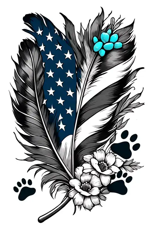 2 feathers with 2 small dog paw prints incorporated, american flag with  turquoise western jewlery and flowers tattoo design idea
