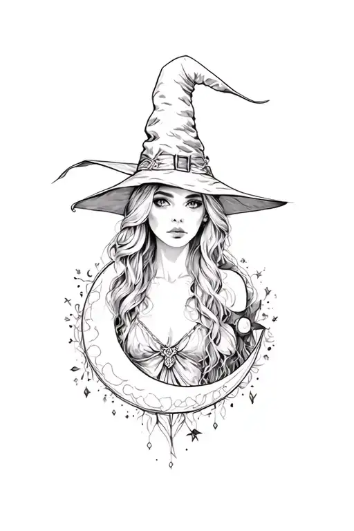 girly witches with moon surrounded stylus femme tattoo design idea