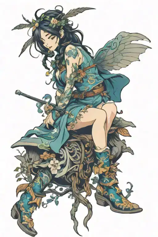 fairy in cowgirl boots with nature hair tattoo design idea