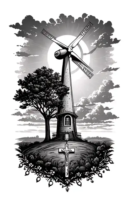 a modern day wind turbine with a family tree in front of it with a rosary  tattoo design idea