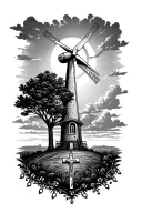 a modern day wind turbine with a family tree in front of it with a rosary  tattoo design idea