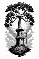 a modern day wind turbine with a family tree in front of it with a rosary  tattoo design idea