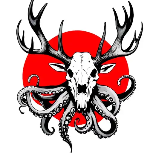 red deer stag skull with octopus wrapped tattoo design idea