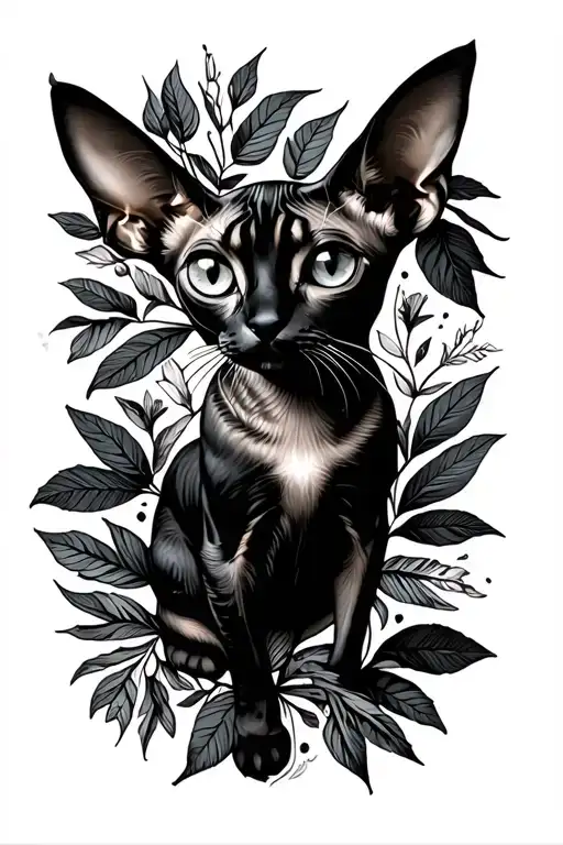 Sphinx cat, among the leaves of the Paportnant, the footprint tattoo design idea