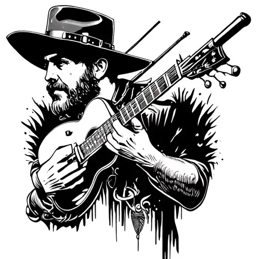 Country music themed tattoo incorporating a hunting rifle and fishing rod tattoo design idea