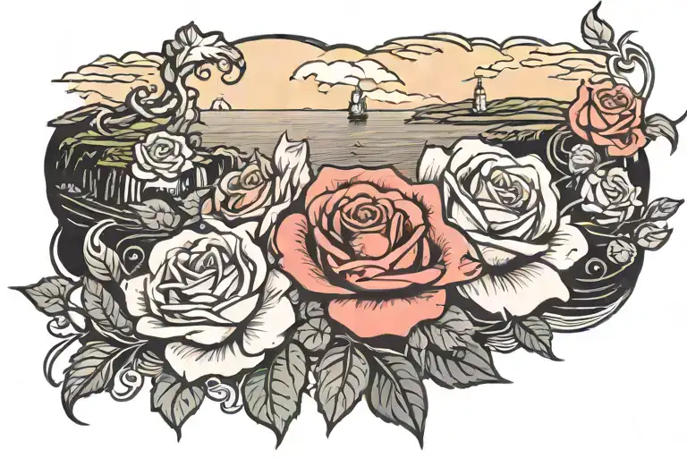 cliffs of moher with roses intertwined tattoo design idea