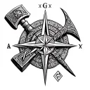 Viking style tattoo incorporating the Valknut, Triskelion, mjolnir, elder futhark runes, fenrir and the Viking compass tattoo design idea