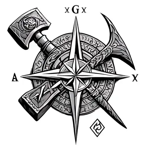 Viking style tattoo incorporating the Valknut, Triskelion, mjolnir, elder futhark runes, fenrir and the Viking compass tattoo design idea
