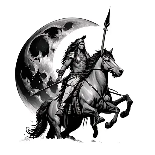 indian on horse with spear through chest with a wolf as the moon tattoo design idea