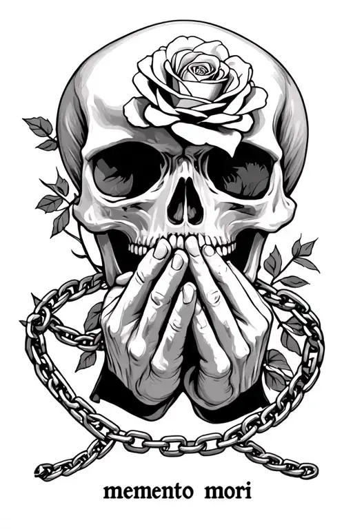 Skull biting a rose, praying hands holding a chain bracelet, with a quote "memento mori". tattoo design idea