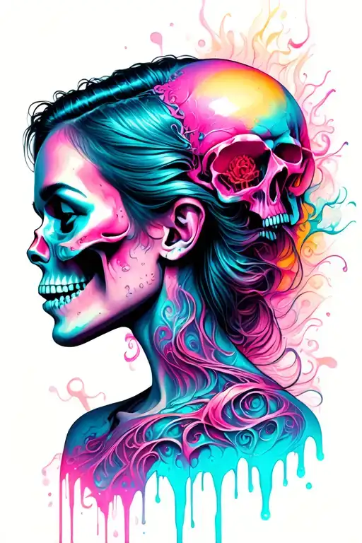 a side profile of a lady close up with a psychedelic background and a realistic skull melting behind her. cyan and pink tattoo design idea