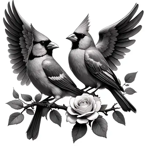 2 cardinals one sitting on a rose branch the other with its wings spread open like angel wings tattoo design idea