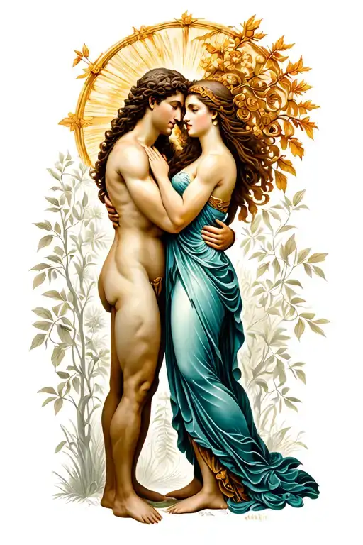 "The Two Great Gods of Earth" The Earth Gods Dionysus and Demeter hugging. there  is nature around them  tattoo design idea
