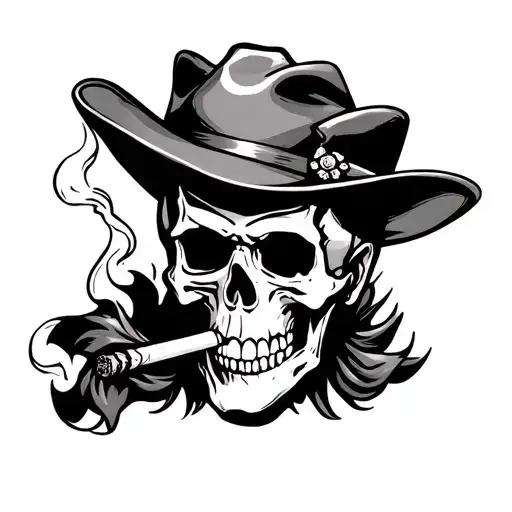skull with cowboy hat smoking cigarette tattoo design idea