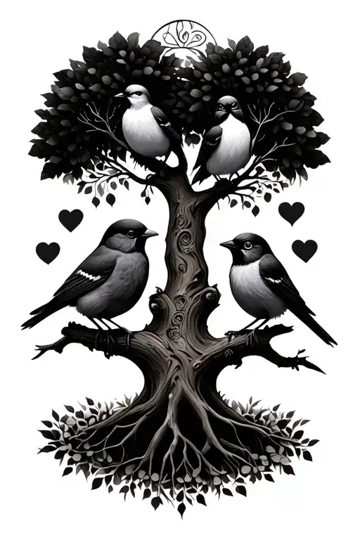 tree of life, 3 little birds, independent, strong female, Roland 4/13/20, Riley 11/27/21, Hazel 3/21/14 tattoo design idea