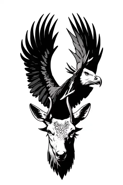 Stag head, eagle soaring tattoo design idea
