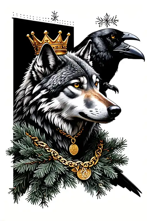 wolf with a pine wreath and raven perched with a gold necklace and a crown lopsided on its head tattoo design idea