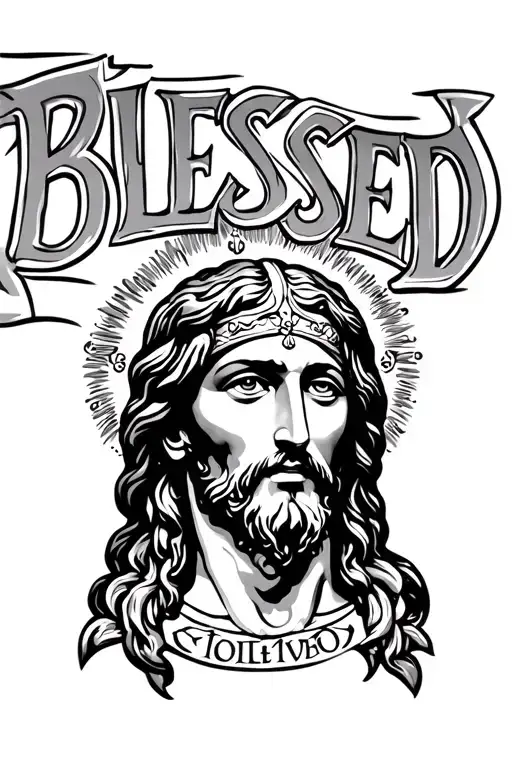 Jesus head, black and white with the word BLESSED in chicano style under it tattoo design idea