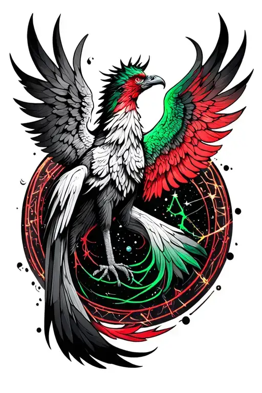 pheonix rising with Aquarius green and red constellation surrounded tattoo design idea