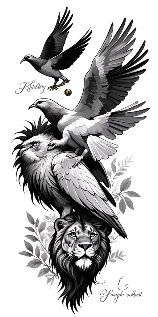 doves, football club logo incorporated, lions and birds, sons birthday, nature  tattoo design idea