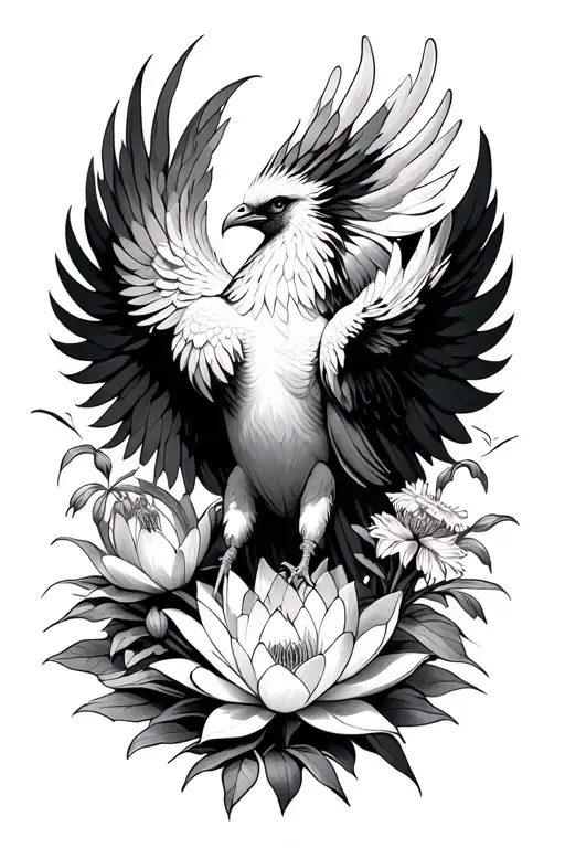 phoenix with larkspur or water lily tattoo design idea