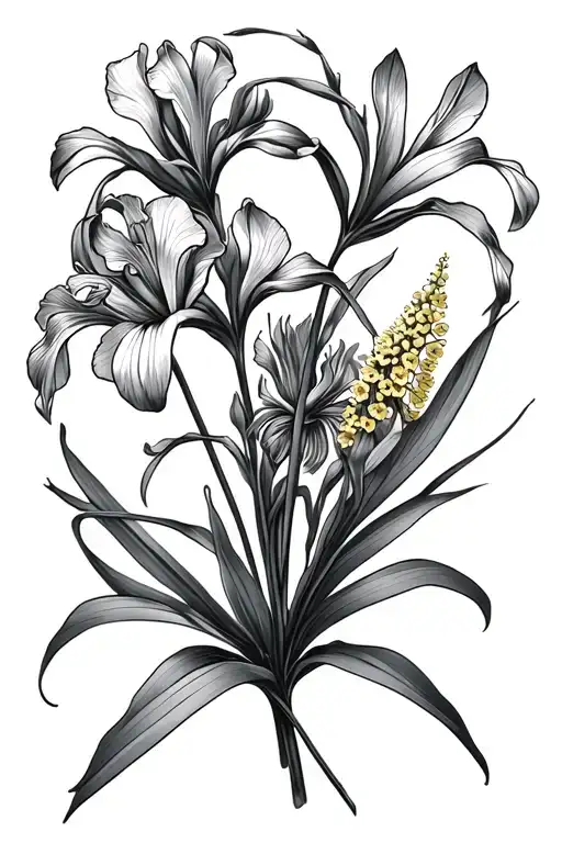 Wattle, kōwhai, and African iris flowers in a bouquet tattoo design idea